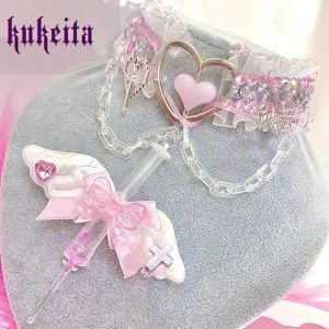 Kettingen Kukeita Handmade Kawaii Angel Wing Bow Choker Y2K Harajuku Love Rhinestone Ruffles Chain Syring Necklace Lolita Accessoires