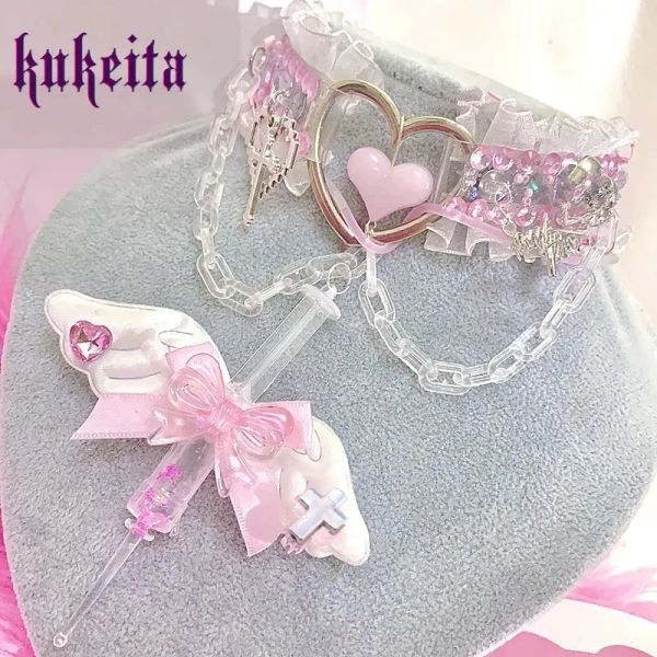 Colliers Kukeita fait à la main Kawaii Angel Wing Bow Choker Y2K Harajuku Love Ruffles Ruffles Chain Syringe Collier Lolita Accessoires