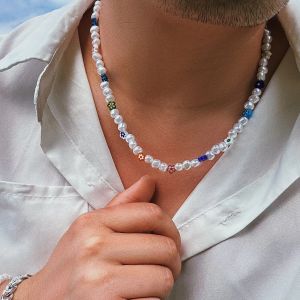 Colliers Kunjoe kpop Fashion Collier de cou fleur de perles simulées irrégulières pour femmes hommes Bohême