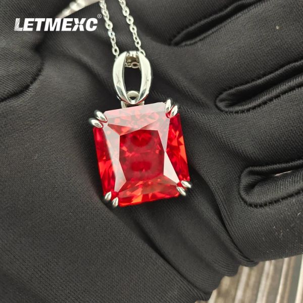 Colliers LETMEXC TOP PIGEON Blood High Carbon Diamond Diamond Pendant Collier LAB ZIRCON OCTORNE CLIE CUPE CUT 20X22MM 925