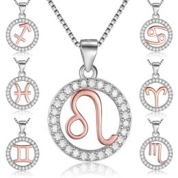 Kettingen Lange ketting ketting 925 Sterling zilveren roségouden sieraden Men vrouwen 12 sterrenbeelden Sparkling Crystal Zodiac Leo ketting