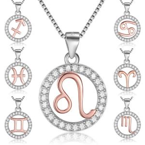 Colliers Collier à chaîne longue 925 Bijoux en or rose en argent sterling hommes femmes 12 constellations scintillantes Crystal Zodiac Leo Collier