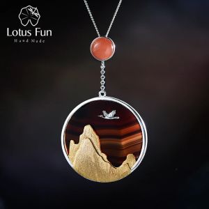 Kettingen Lotus Fun Real Sterling Sier Natuurlijke Edelsteen Fijne Sieraden Creatieve Terugkerende Vogel in de Zonsondergang Hanger Zonder Ketting