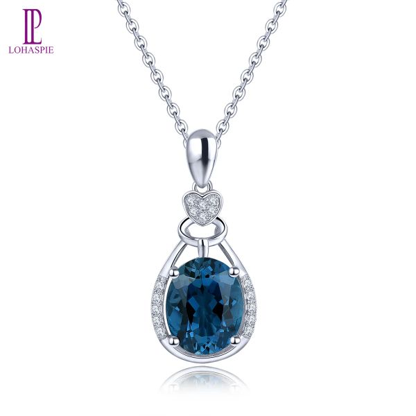 Colliers LP 3.08 Carats Natural London Blue Topaz Pendant Solid 14K Collier en or blanc Style Fait Bijoux Fine avec chaîne argentée