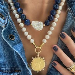Colliers Luna à main nouée lapis et perle de verre Collier Femmes superposées bijoux Gérone Goth Goth For Women 2023 Collier