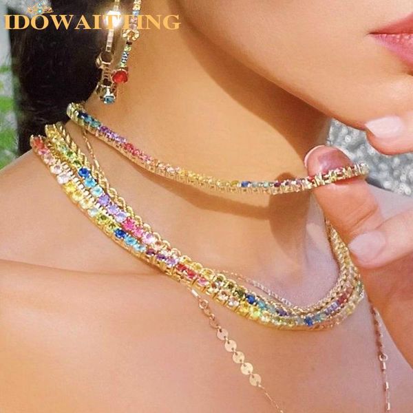 Colliers Luxe 4mm Multi Couleur Tennis Chaîne Glacé Bling Arc-En-Ciel Coloré CZ Collier Ras Du Cou Pour Les Femmes Hip Hop Sexy Bijoux 16 pouces