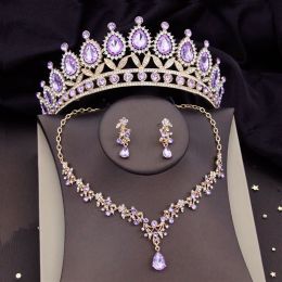 Colliers Luxury Crystal Bridal Jewelry Set Femme Tiara Crown Earge Choker Collier Prom Vobe de mariée Bijoux Bijoux Accessoires