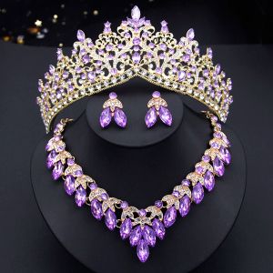 Colliers Luxury Purple Crystal Crown Bridal Bijoux Set Princess Queen Pink Tiaras Bride Mariage Boucles d'oreilles