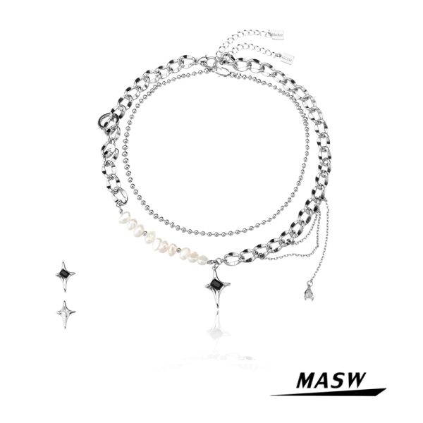 Colliers Masw Collier de chaîne de mode de design original 2021 Nouvelle tendance Two-couche Natural Pearl Glass Star Pendant Collier Femmes Bijoux