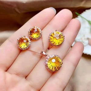 Colliers Meibapj feux d'artifice naturel Citrine ensemble de bijoux Sier collier boucles d'oreilles bague trois pièces Suite bijoux de mariage pour les femmes