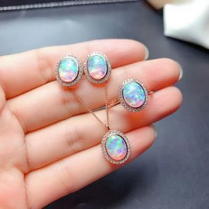 Colliers Meibapj Natural Opal Gemstone Ellips Boucles d'oreilles Bague et collier 3 pièces Siut pour les femmes Real Sterling Sier Fine Jewelry Set