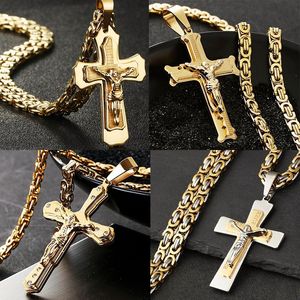 Colliers Hommes en acier inoxydable jésus Christ lourd Crucifix croix pendentif collier saint byzantin chaîne colliers religieux bijoux cadeaux