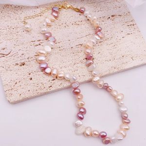 Colliers Minar inhabituel blanc rose violet contraste couleur irrégulière perle naturelle colliers ras du cou pour les femmes collier en laiton plaqué or