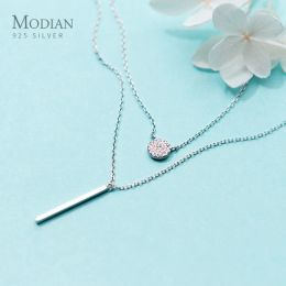 Colliers Modian Sterling Sier brillant Zircon disque géométrique bâton pendentif collier pour femmes double couche collier bijoux fins
