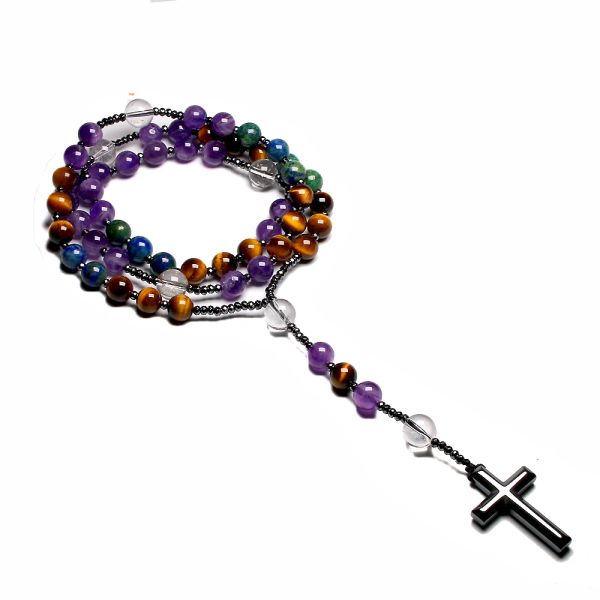 Colliers Amethyst Catholic Christ Christ Rosaire Colliers pour femmes hommes Tiger Eye Hematite croix Pendante Meditation mala bijoux