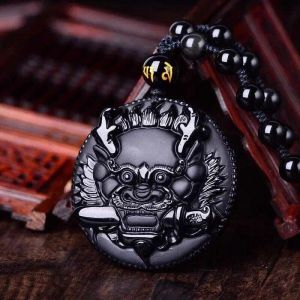 Colliers Collier pendentif en obsidienne noire naturelle sculpté à la main tête de dragon porte-bonheur amulette