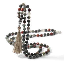Colliers Natural Bloodstone 108 Mala Collier noué perlé semi-anice de méditation yoga japamala bijoux avec arbre de vie pendentif