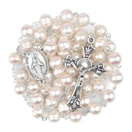 Colliers Natural Eater Eau Perle 8 mm Perles catholiques Vierge Catholique Rosaires Chaîne de chaîne Femmes Rosaire