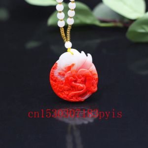 Kettingen Natuurlijke rode witte jade negen staart vossen hanger ketting jadeite handgesneden mode charme sieraden amulet geschenken voor mannen vrouwen