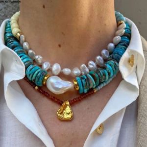 Kettingen natuursteen zoetwaterparel hanger vrouwen mannen kralen ketting vrouwen handgemaakte blauw synthetisch turquoises gebed sieraden