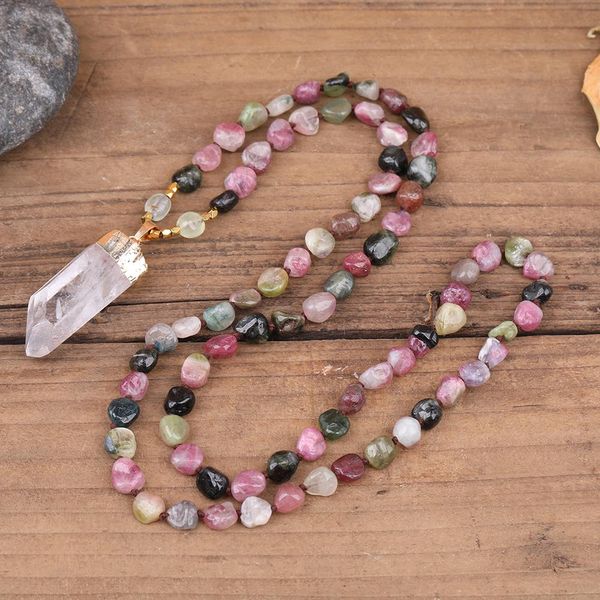 Colliers Naturel blanc Quartz Tusk Point pendentif arc-en-ciel Tourmaline pierre perles à la main noeud Mala collier Long 32 pouces N0288AMEI