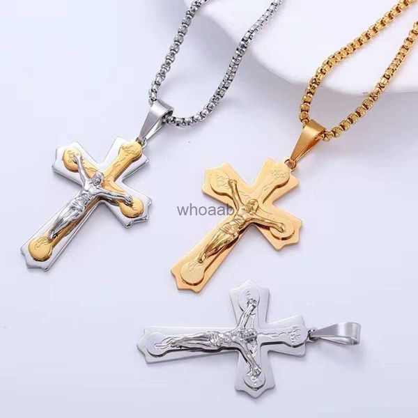 Colliers Colliers Religieux Jésus Croix Collier Hommes Couleur Dorée 14k Jaune Crucifix Colliers Mâle Chrétien Bijoux 240228