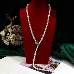 Kettingen Nieuwe 2022 elegante dame kostuum sieraden Kubieke Zirkoon boog knoop Natuurlijke Zoetwater Parel Trui lange ketting