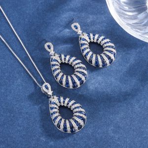 Kettingen Nieuwe 2022 Vrouwen Trend Earring Hangketting Set 925 Sterling Silver Ovaal Sapphire Crystal Luxe sieraden Retro bruiloft Gift