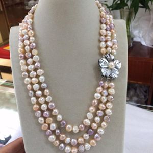 Collares NUEVO 3 filas 89 mm Barroco Blanco Rosa Púrpura multicolor Collar de perlas de agua dulce 1719 