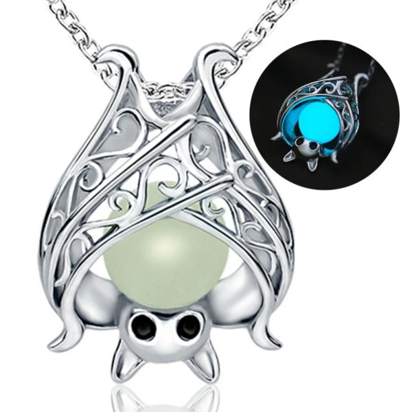 Colliers Nouveaux accessoires en argent sterling 925 Colliers de chauve-souris lumineux Chaînes de pendentifs animaux pour femmes Gift Halloween Gift Bijoux