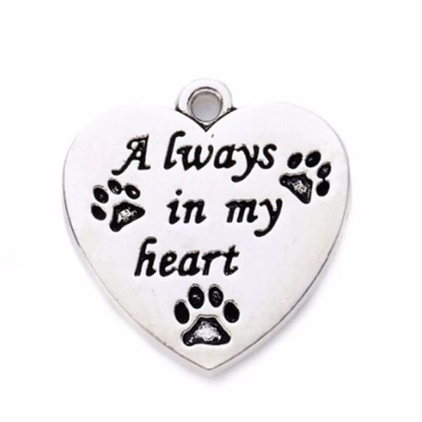 Collares Nuevos encantos de animales de llegada Palabra Always in My Heart Love Dogs Path Print Heart Charms para joyas que hacen encantos para el collar