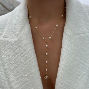 Colliers New Arrivés Y Lariat Sexy Long Chain Collier pour femmes Blue Stone White Pearl Perle Cz Evil Eye Charm Fashion Fashion Femmes Bijoux