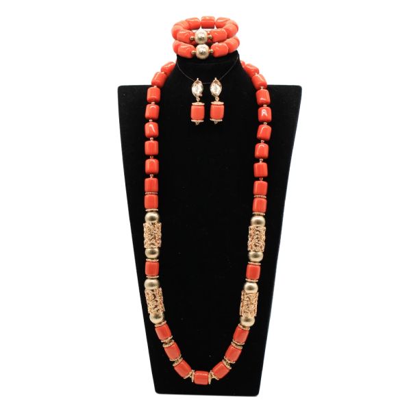 Colliers Livraison gratuite Nouveau Corail artificiel long collier Perle en plastique Africain Wedding Set Dubai Gold Accessorise FT148