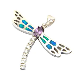 Kettingen Nieuwe blauwe opaal sieraden met CZ Stone; Mexicaanse opaalhanger Dragonfly ketting