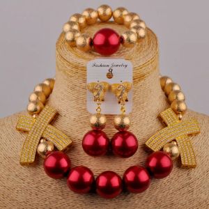 Kettingen Nieuwe Mode Rood Glas Parelsnoer Nigeriaanse Bruiloft Bruid Trouwjurk Accessoires Afrikaanse Dames Bruiloft Sieraden Set Sh65