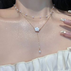 Colliers New Fashion Design unique Design élégant exquis Double Tassel Pearl Camellia Collier Femme Jewelry Party Premium Gift Wholesale