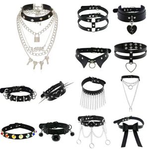 Collares Nuevos Harajuku Black Goth Punk Cuero Collares Mujeres Menores Rock Metal Emo Festival Cosplay Party Jewellry Accesorios góticos