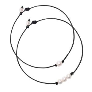 Kettingen Nieuwe vrouwen Zwart Leather Cord Three Pearl Pendant Knoop Choker ketting sieraden koord geknoopte kettingen Handgemaakte sieraden