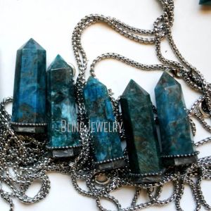 Kettingen NM42029 Blauwe Apatiet Kristallen Toren Ketting Kristal Punt Talisman Heks Wicca Goth Boho Strand Slinger Obelisk Ketting