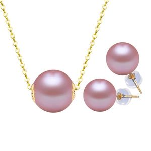 Colliers Nymphe Perle Ensemble de Bijoux Or Naturel Collier D'eau Douce Pendentif Boucles D'oreilles Au750 Rond Cadeau D'anniversaire pour Les Femmes T418