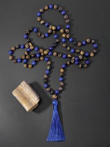 Kettingen OAIITE 8mm Lapis Lazuli Tijgeroog Steen Geknoopte Ketting Meditatie Yoga Sieraden 108 Mala Kralen Rozenkrans Kettingen Met Kwastje