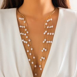 Colliers ouverts Circle Torques avec longue imitation Perle Perle Perle Chain Collier pour femmes Gendons de couches de cou de coulage de mariage à la mode