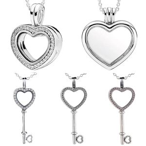 Collares originales 925 plata esterlina pequeña llave de corazón grande llave flotante collar de plato flotante para mujeres regalo encimera popular joyería de bricolaje