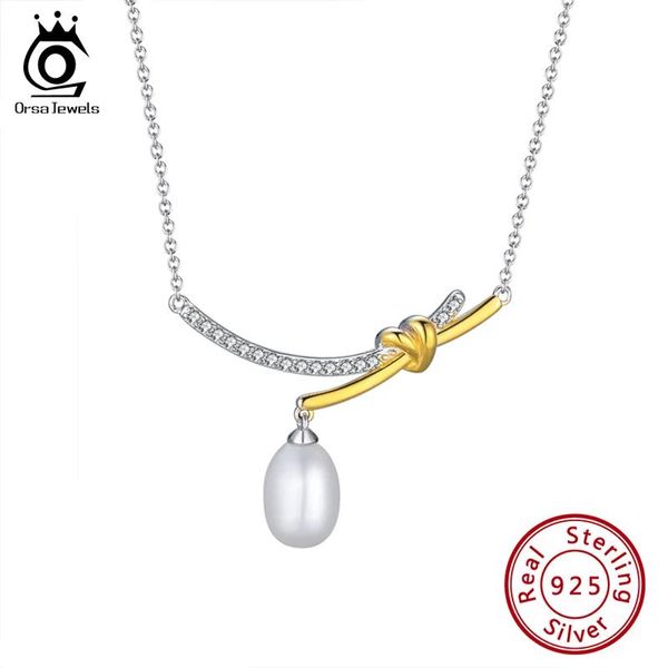 Collares ORSA JEWELS Collar de perlas de agua dulce cultivadas coreanas de plata 925 de 10 mm para mujer Cadena combinada chapada en oro Colgante elegante GPN01