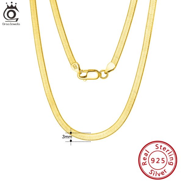 Colliers Orsa Jewels italien 18K Gold plaqué 3 mm Flexible Flat Herringbone Chain 925 Collier de chaîne en argent pour femmes bijoux SC35