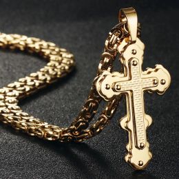 Colliers Croix orthodoxe pendentif colliers pour hommes en acier inoxydable catholique jésus collier couleur argent chaînes byzantines bijoux masculins