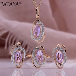 Colliers pataya femmes dames 585 rose gold couleur clairs violet zircon blanc ovale tissage anneau d'oreille de boucle de boucle de boucle