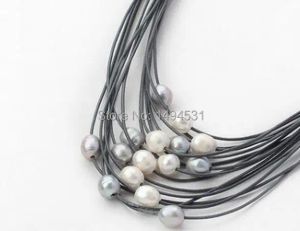 Kettingen Parelketting MultiStrand 1112 mm Wit Grijs Veelkleurig Zoetwaterparel Leren ketting Magneetsluiting Damessieraden