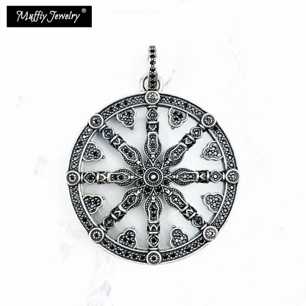 Collares Colgante Karma Wheels Black Cz Onyx Sterling Sier Accesorios de joyería fina Fit Collar Europa Estilo Vintage Bijoux Regalo