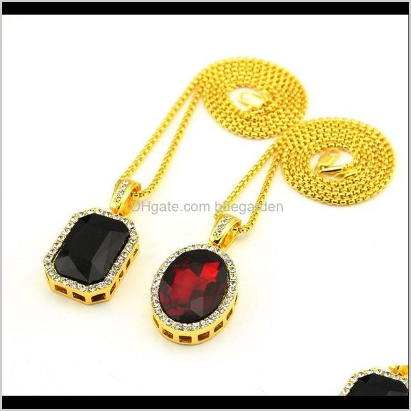 Collares Colgantes Entrega de gotas 2021 Hip Hop Chapado en oro Color circular cuadrado con colgante de rubí rojo Conjunto 24 